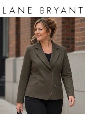 28W Lane Bryant Ponte Jacket in Olive Green with Asymmetric Front Zip